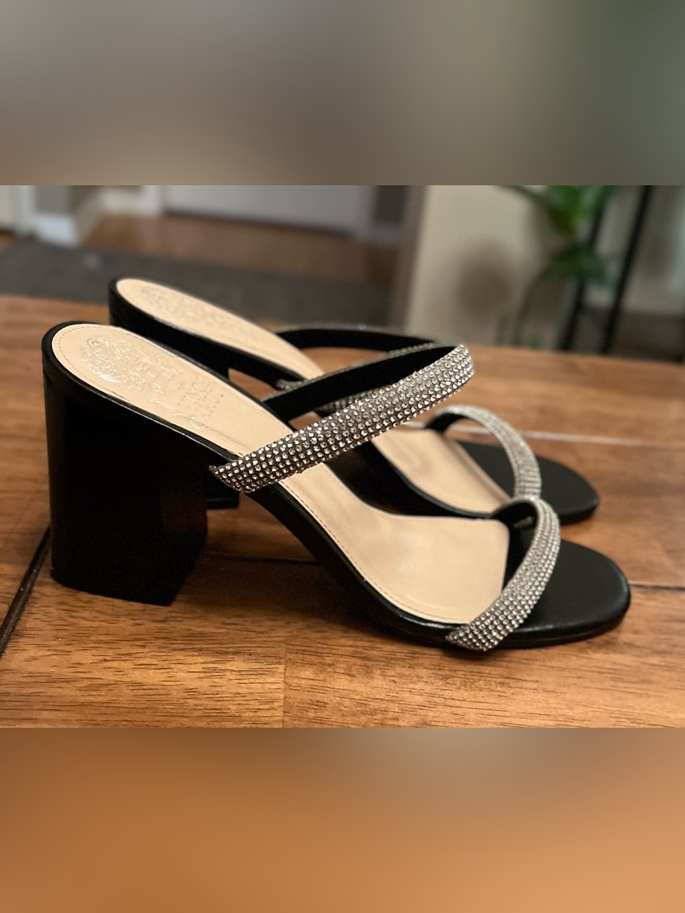 Vince Camuto Magaly Black Rhinestone Block Heel Sandals size 7